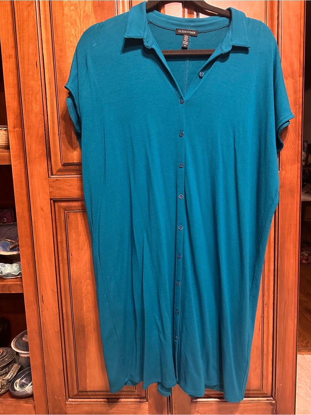 Eileen Fisher button down shirt dress short sleeve small teal super soft